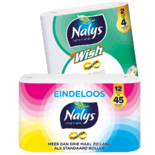 Nalys Eindeloos toiletpapier
2 pakken à 12=45 rollen
of Nalys Wish keukenpapier
2 pakken à 2 rollen